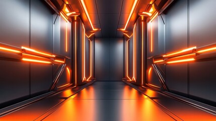 A futuristic sci-fi corridor with gray metallic walls and glowing orange lighting strips. The clean- geometric design gives the space a sleek- high-tech atmosphere reminiscent of a spaceship
