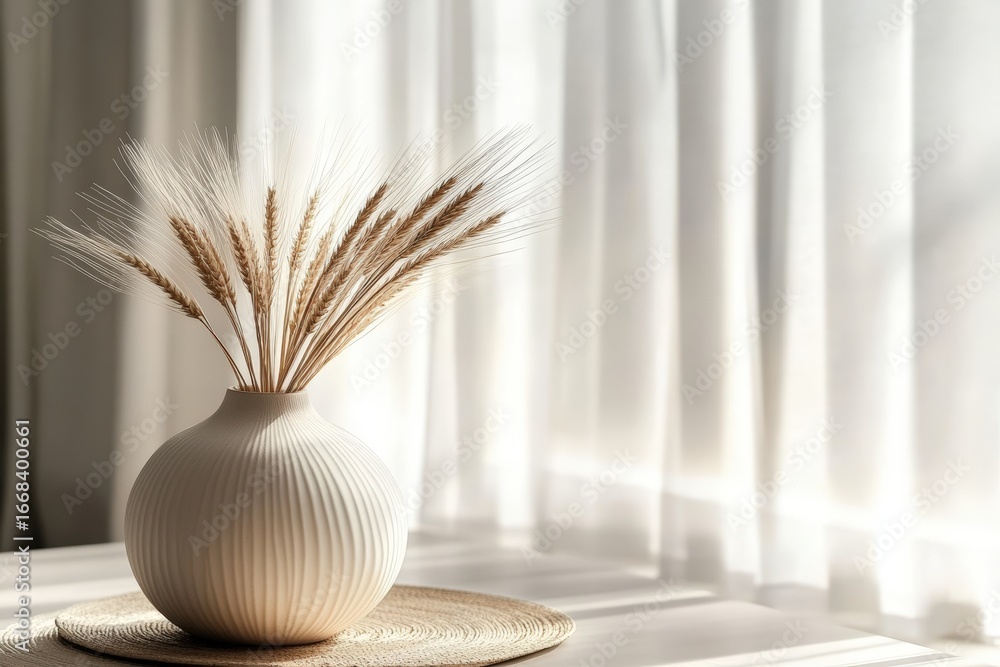 Poster a serene vase with dried wheat sits on a table, illuminated by soft sunlight filtering through sheer