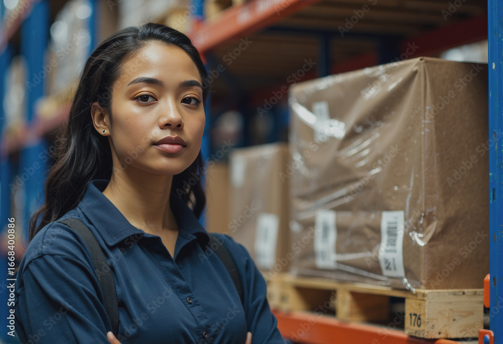 Poster market loading aide standing confidently by a pallet corner guard