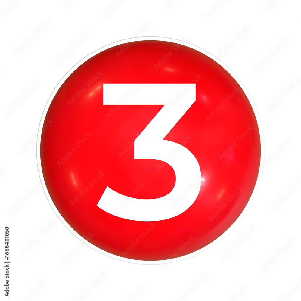 Poster red sphere or button with number 3
