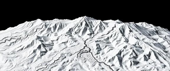 Stylized vector topography map; black, grey, white contours, terrain path, ultra-wide, height lines, conditional geography scheme,  abstract,  simple