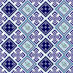 Seamless Thai Elephant Geometric Pattern in Blue and Beige Tones
