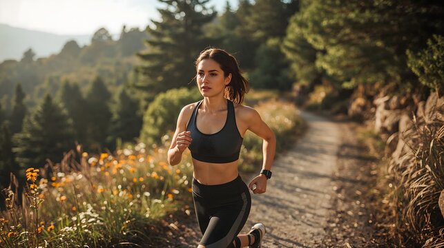 Fitness woman running outdoors, motion blur, nature trail, active lifestyle, cinematic style