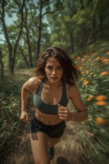 Fitness woman running outdoors, motion blur, nature trail, active lifestyle, cinematic style