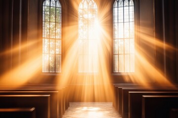 A serene interior view of a church with sunlight streaming through tall windows, creating a warm and peaceful atmosphere.