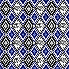 Seamless Thai Elephant and Geometric Floral Pattern in Black and Blue Tones
