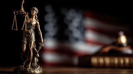 Statue of Justice holding scales and sword stands on wooden table with Gavel and United States flag in background