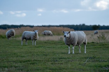 Fototapeta premium Sheep grazing in a green field under a cloudy sky.