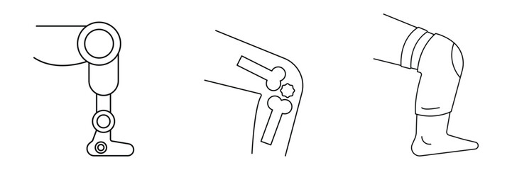 Prosthetic leg implant knee joint replacement orthopedic bone surgery rehabilitation disability healthcare mobility support outline anatomy icon vector illustration.
