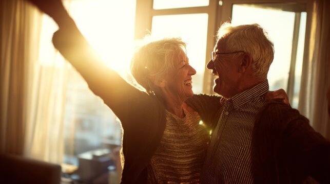 A happy senior couple shares a joyful moment, laughing and embracing indoors in warm sunlight.