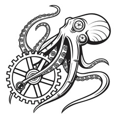 Vector art of steampunk octopus with gear, a mechanical sea creature with vintage style and intricate details