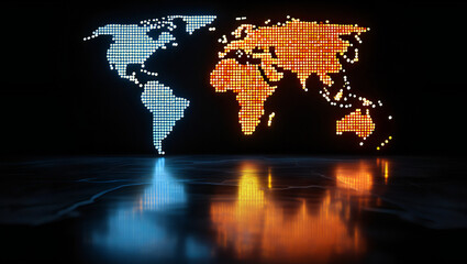 Illuminated world map with blue and orange lights reflecting on surface