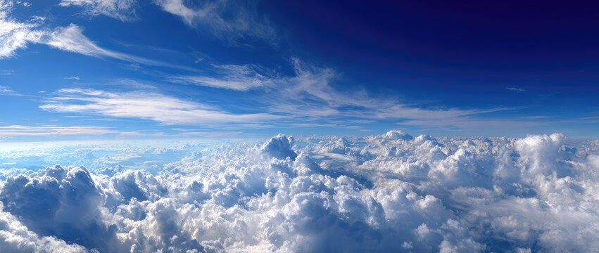 Panoramic view of a vast, fluffy cumulus cloud sea beneath a vibrant blue sky, wispy cirrus clouds streaking across the upper atmosphere