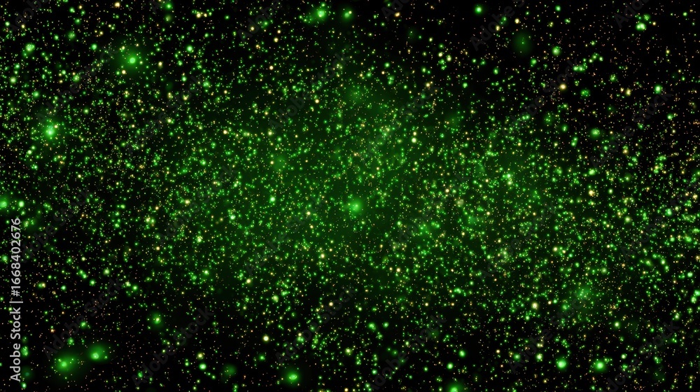 Poster green glowing particle stream ascends on black background, creating dazzling display