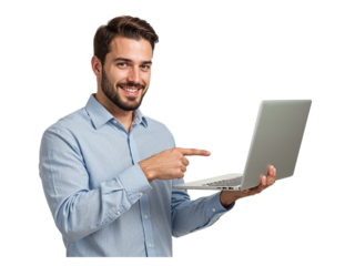 Smiling businessman pointing at a laptop screen while holding the device isolated on transparent background