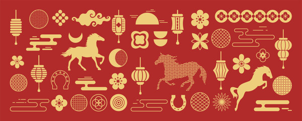 Chinese New Year 2026 element vector set. Year of the horse design. Icons of Asian Lunar New Year holiday decoration