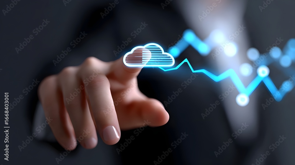 Poster touching a digital cloud icon in a technology-driven business setting.