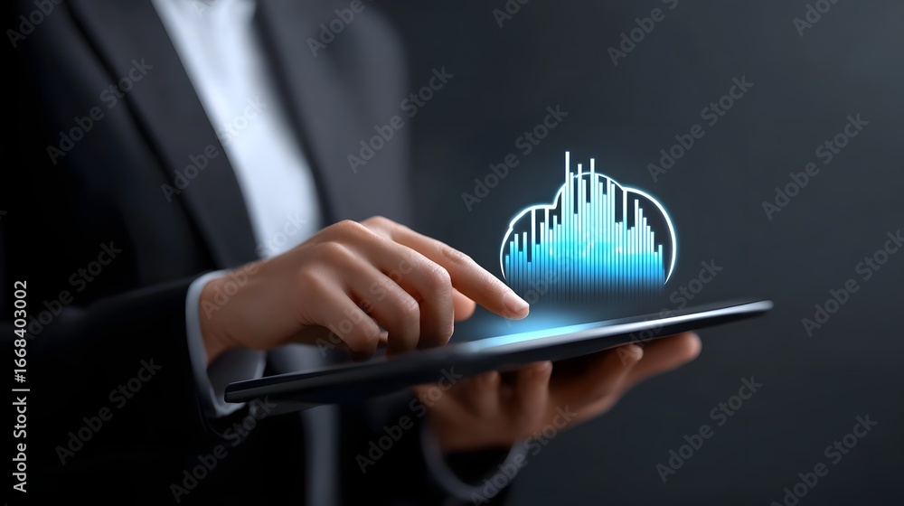 Poster analyzing business data on a digital interface