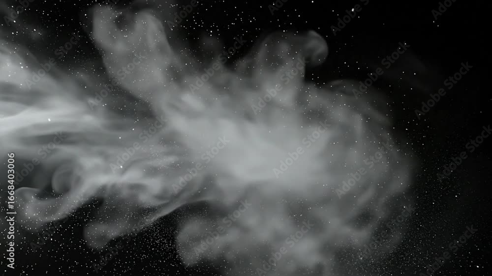 Poster swirling grey smoke disperses in the dark subtly speckled with small light points creating a spectra