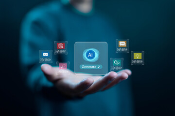 Fototapeta premium Artificial intelligence generate concept. icon floating above hand, symbolizing automation, innovation, digital transformation, data technology, smart solutions, future business growth. generate AI