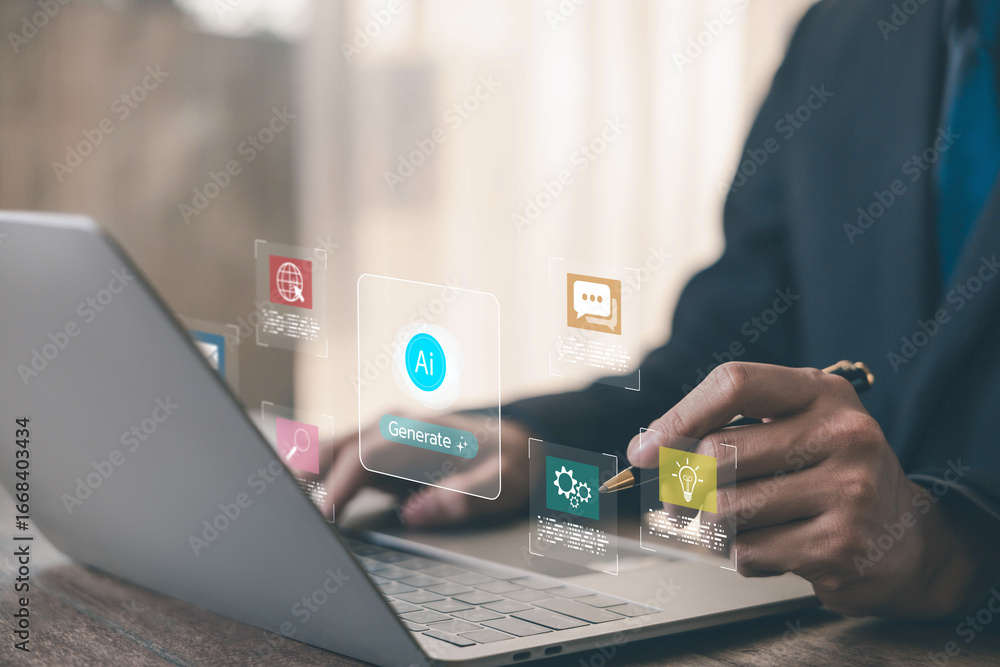 Fototapete artificial intelligence concept with ai generation process on laptop, user interacting with virtual 