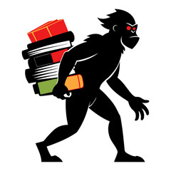 Obraz premium Silhouette of Ambitious Startup Ape Carrying Stack of Pitch Folders, Entrepreneurial Monkey Concept, Business Innovation, Office Work, Team Leadership Vector