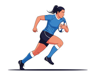 Athletic woman rugby player running with ball during sports game