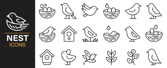 Vector set of nest icons featuring birds, eggs, and birdhouses in outline style.