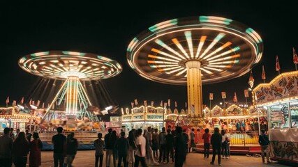 Colorful carnival rides illuminate night sky, lively crowd