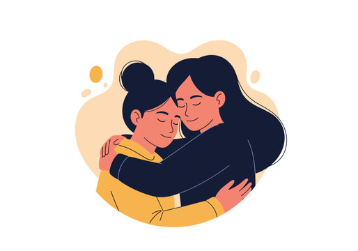 Two women hugging each other tenderly with their eyes closed showing affection and care