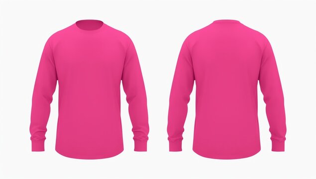 Blank plain pink long sleeve t shirt front and back view isolated on white background. Set of long sleeve tee, ready for your mockup design 