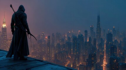Hooded Archer on Rooftop Overlooking Cityscape at Night, Urban Fantasy Vigilante with Bow and Arrows, Dark and Mysterious Atmosphere