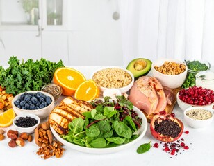 A cancer-friendly healthy diet with colorful fruits, leafy greens, whole grains, lean proteins, and healthy fats, rich in antioxidants and anti-inflammatory nutrients.