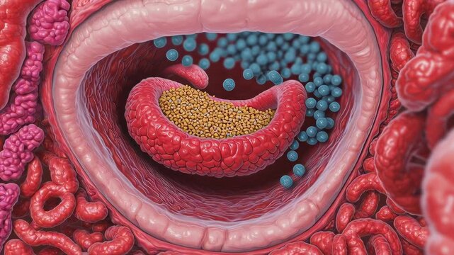 Detailed anatomical view of a cellular structure with colorful components.