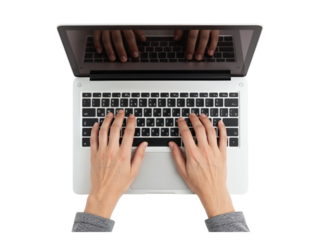 Overhead view of a person typing on a modern laptop keyboard with hands visible on transparent background isolated on transparent background