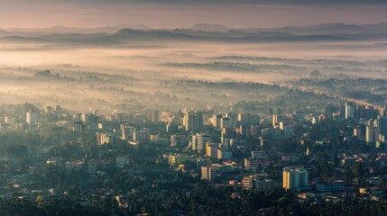 Aerial view of addis ababa ethiopia at dawn with a road full of cars and some high rise buildings visible above the fog