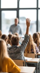 A student raises hand to answer a question in a classroom setting during a lesson.