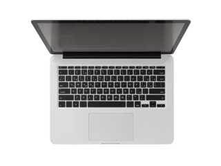 Modern silver laptop computer with open lid viewed from directly above isolated on transparent background