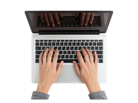 Overhead view of a person typing on a modern laptop keyboard with hands visible on transparent background isolated on transparent background - Powered by Adobe
