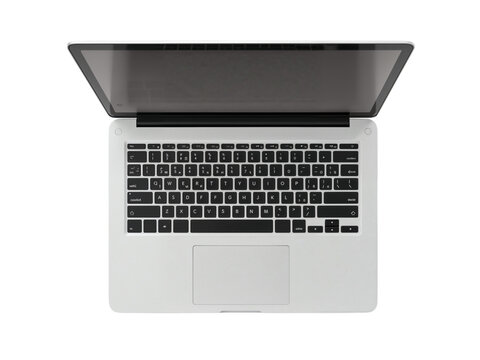 Modern silver laptop computer with open lid viewed from directly above isolated on transparent background