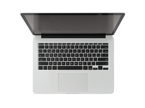Modern silver laptop computer with open lid viewed from directly above isolated on transparent background