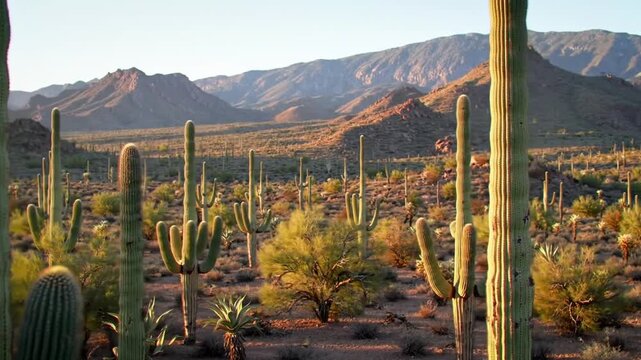 Desert landscape with saguaro cacti and mountains