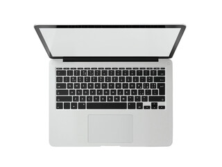 Modern silver laptop computer with open screen and keyboard viewed from directly above isolated on transparent background