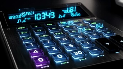 Futuristic calculator displaying calculations and vibrant digital interface in a modern workspace - Powered by Adobe