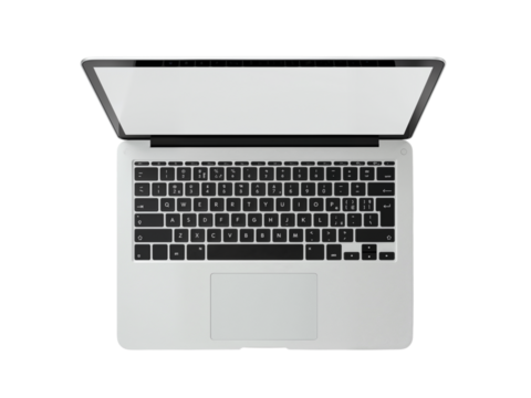 Modern silver laptop computer with open screen and keyboard viewed from directly above isolated on transparent background