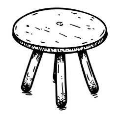 Hand-Drawn Doodle of a Simple Round Wooden Stool in Black and White