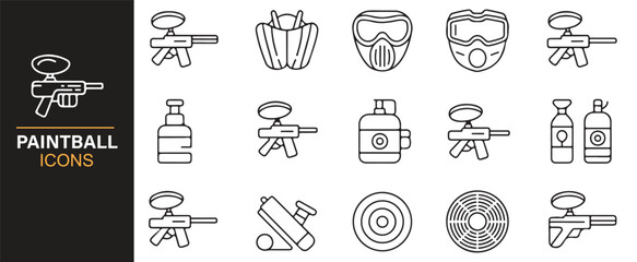 Minimalist icons of paintball competition gear, markers, and protective equipment.