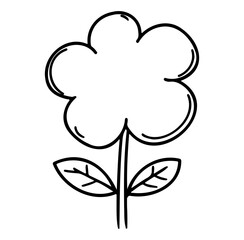 Hand-Drawn Doodle of a Simple Flower with Leaves in Black and White