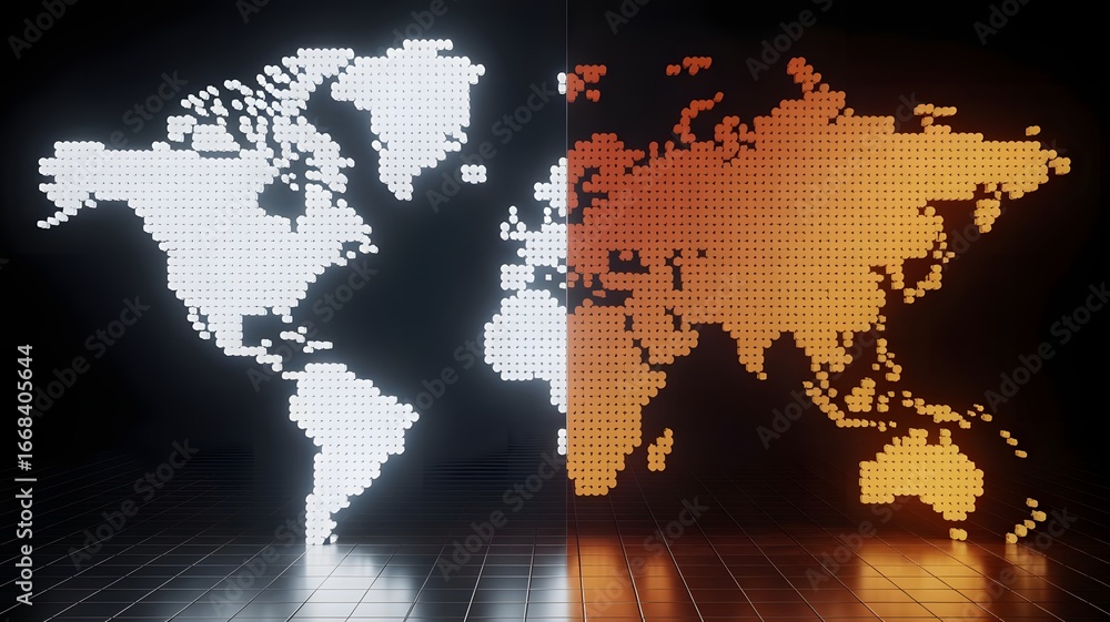 Poster abstract world map made of glowing dots white and orange on a dark background with a reflective tile