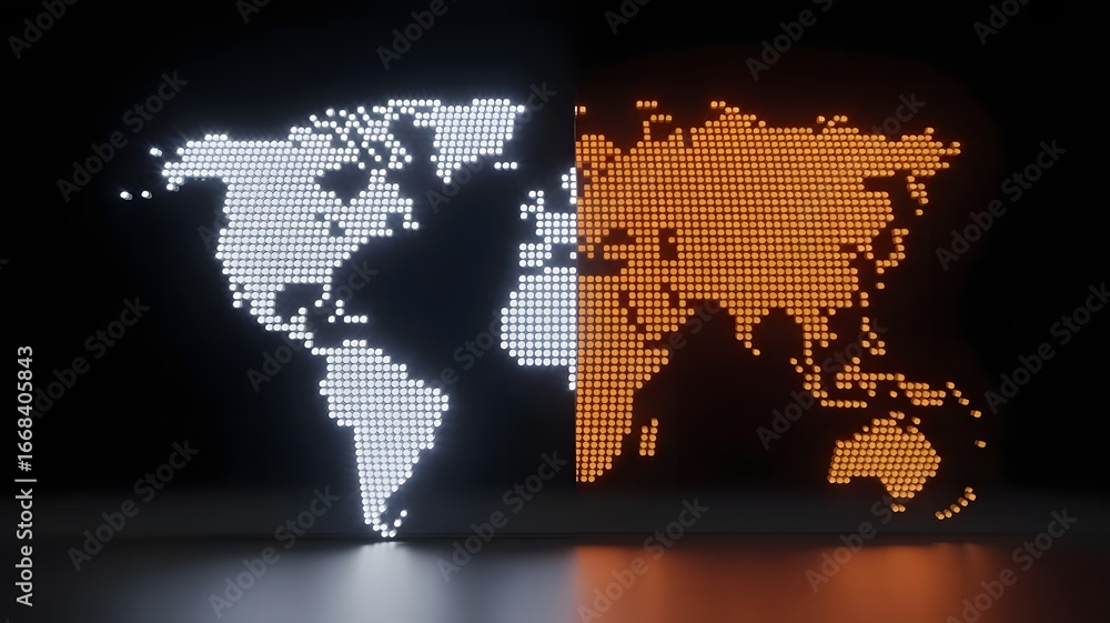 Poster abstract world map made of glowing dots in white and orange colors modern technology and global conn